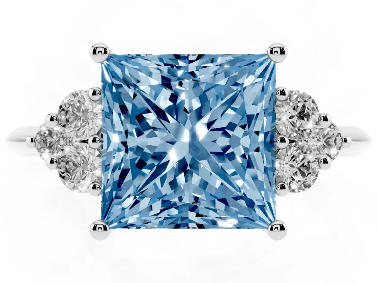 Fancy Blue Princess Cut Cut Diamond Cluster Ring with Solitaire Band and Four-Prong Setting Silver