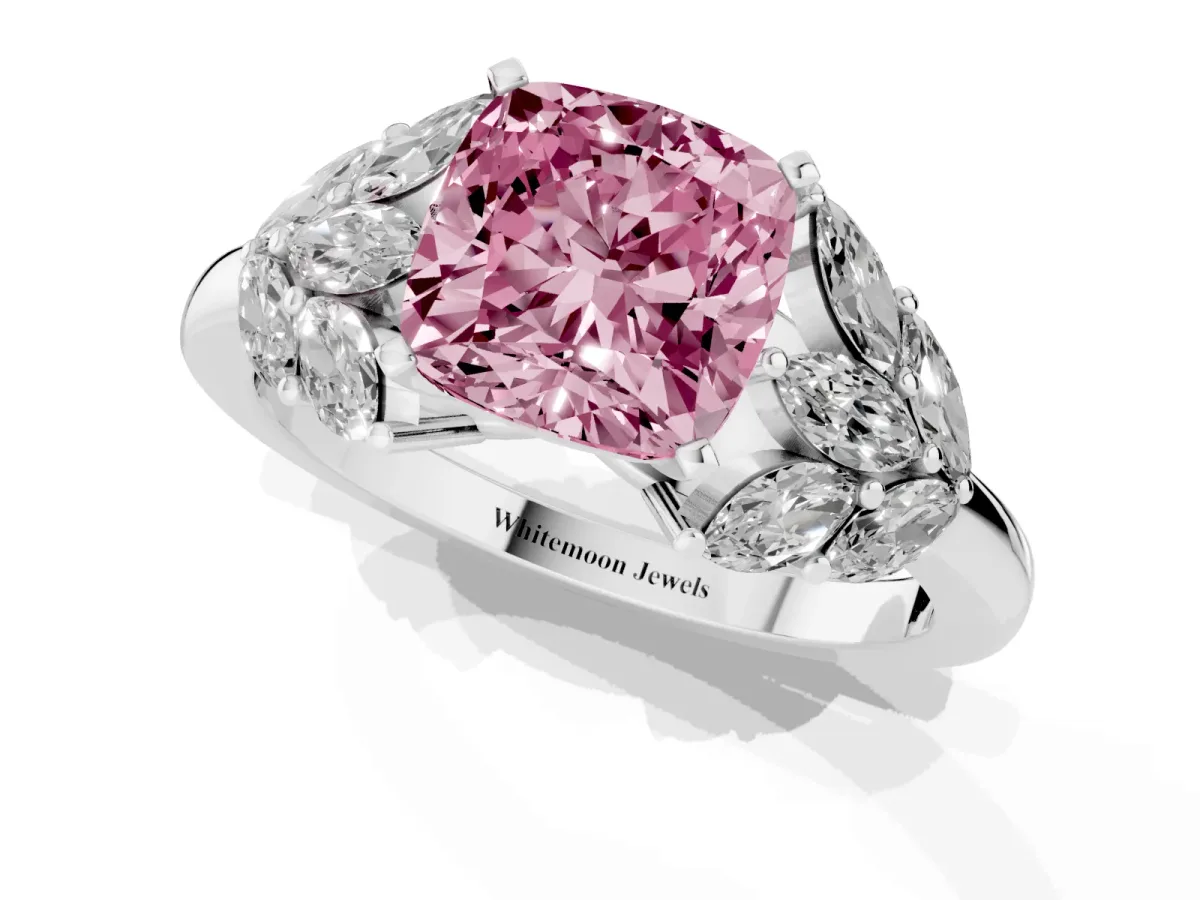 Fancy Pink Cushion Cut Diamond Cluster Leaf Design Ring with Prong Setting White gold