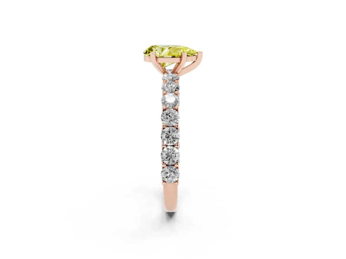 Fancy Yellow Pear Cut Diamond Solitaire Ring with Shared Prong Pavé Band and Four-Prong Setting Rose gold
