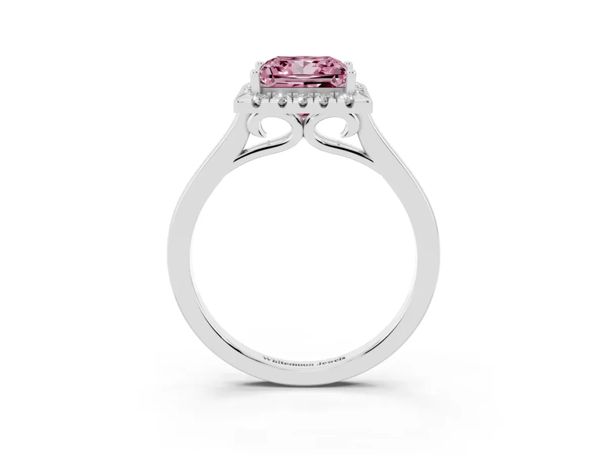 Fancy Pink Princess Cut Halo Round Diamond Solitaire Ring with Pavé Band and Four-Prong Setting Silver