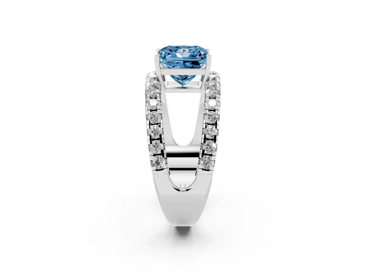 Fancy Blue Princess Cut Solitaire Split Shank Pave Diamond Ring Platinum
