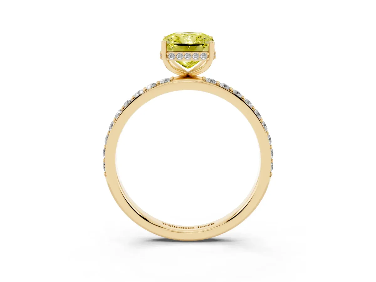 Fancy Yellow Radiant Cut Diamond Solitaire Ring with Pavé Band and Hidden Halo Yellow gold