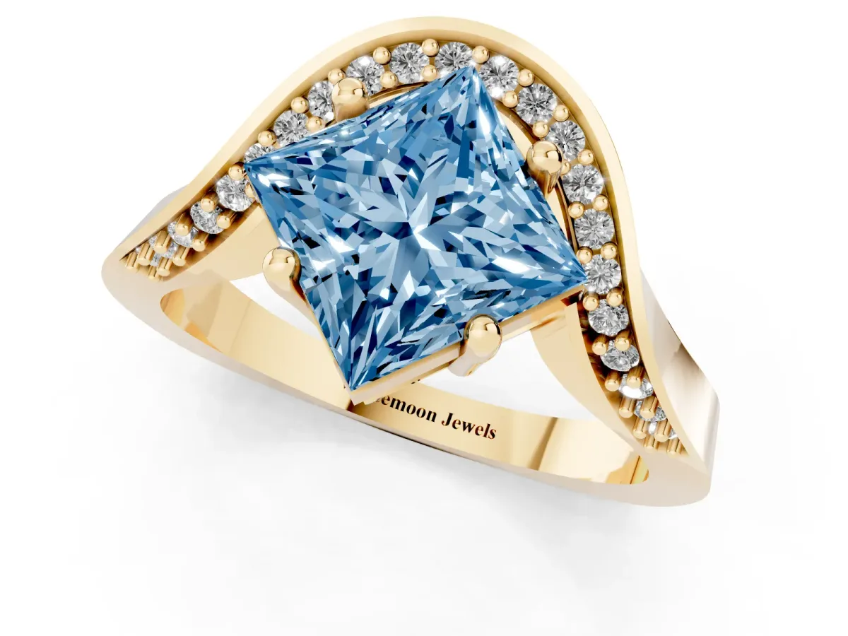 Fancy Blue Princess Cut Solitaire Diamond Engagement Ring with Pave Band and Four-Prong Setting Yellow gold
