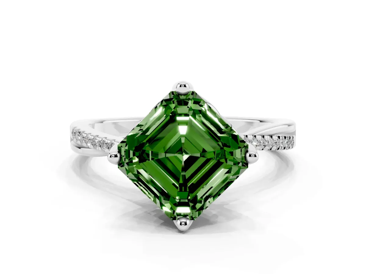 Fancy Green Asscher Cut Solitaire Twist Band with Pavé Diamonds and Four-Prong Setting White gold