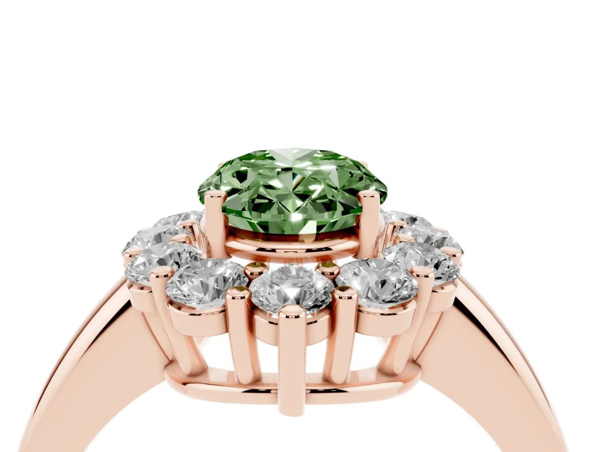 Fancy Green Oval Cut Halo Cluster Diamond Engagement Ring with Prong Setting and Polished Band Rose gold