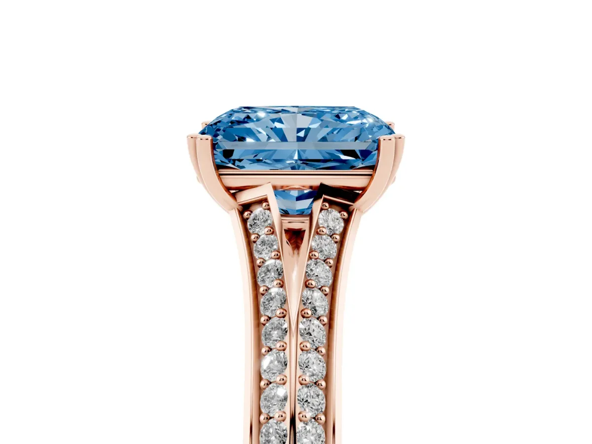 Fancy Blue Radiant Cut Diamond Split Shank Engagement Ring with Pavé Band Rose gold