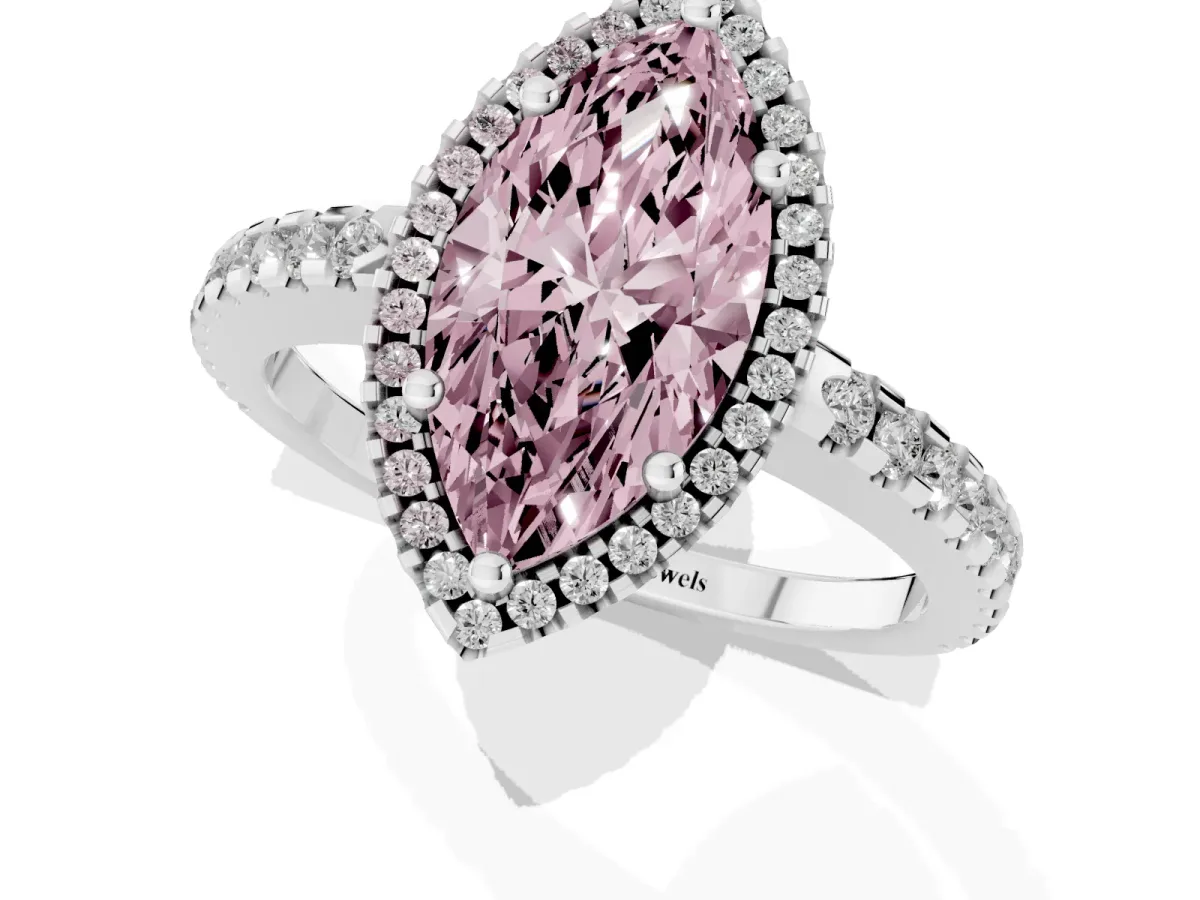 Fancy Pink Marquise Cut Diamond Halo Engagement Ring with Pavé Band and Prong Setting Platinum