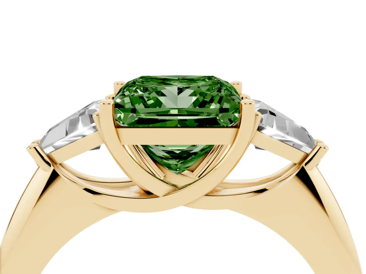 Fancy Green Three-Stone Princess Cut Diamond Engagement Ring with Trillion Side Stones and Prong Setting Yellow gold