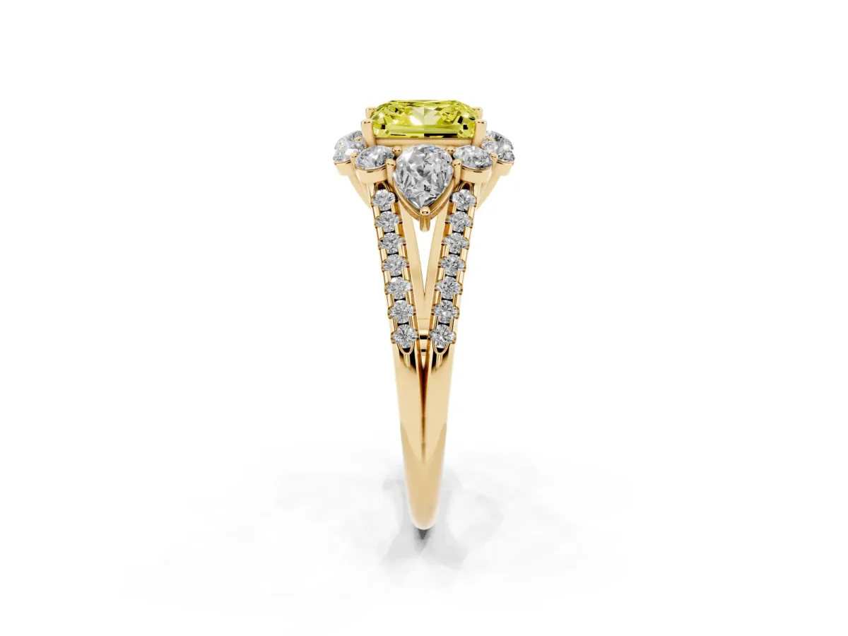 Fancy Yellow Princess Cut Halo Split Shank Diamond Engagement Ring with Prong Setting Yellow gold