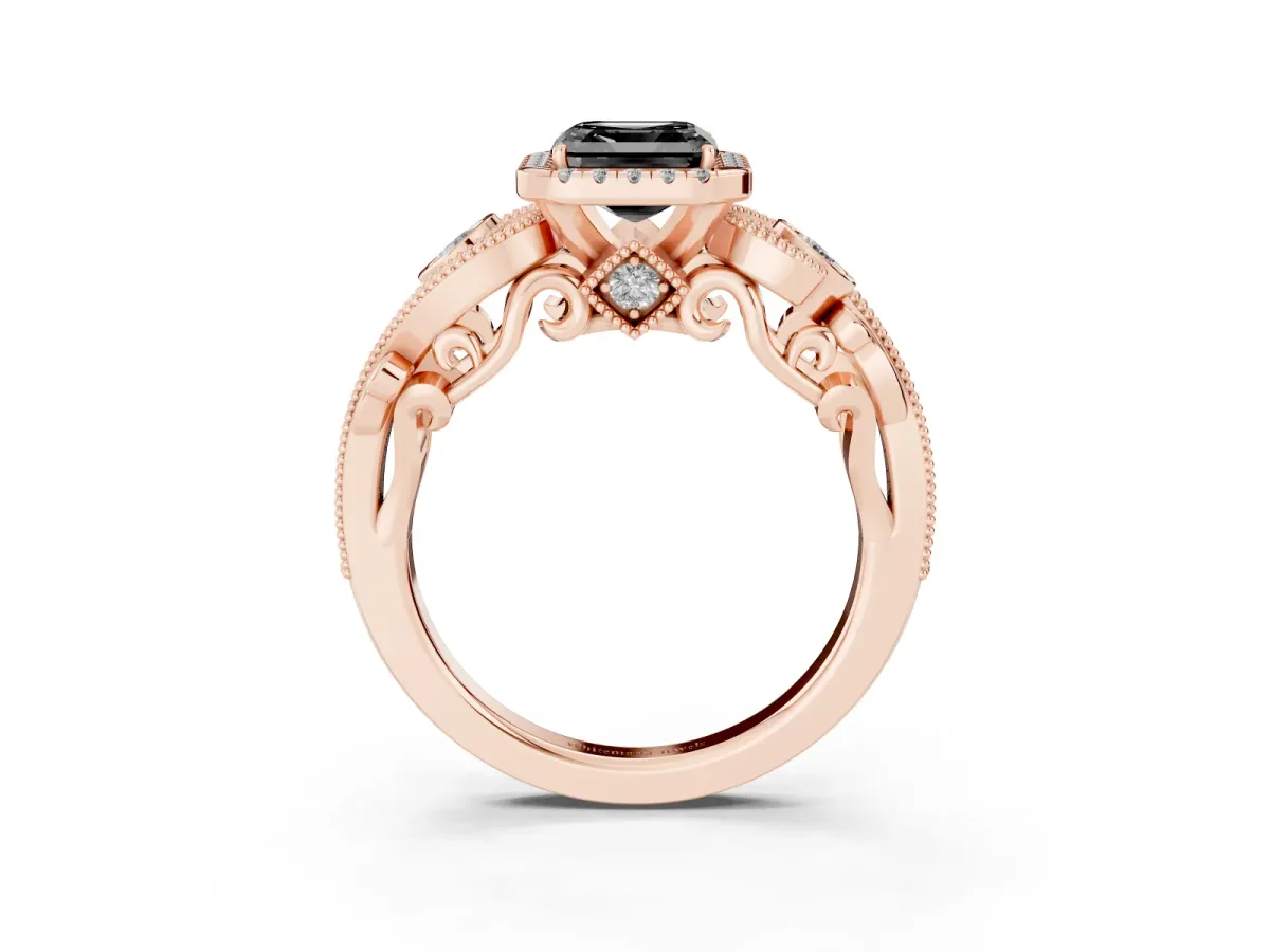 Fancy Black Asscher Cut Halo Diamond Ring with Milgrain and Bezel Accents on a Split Shank Band Rose gold