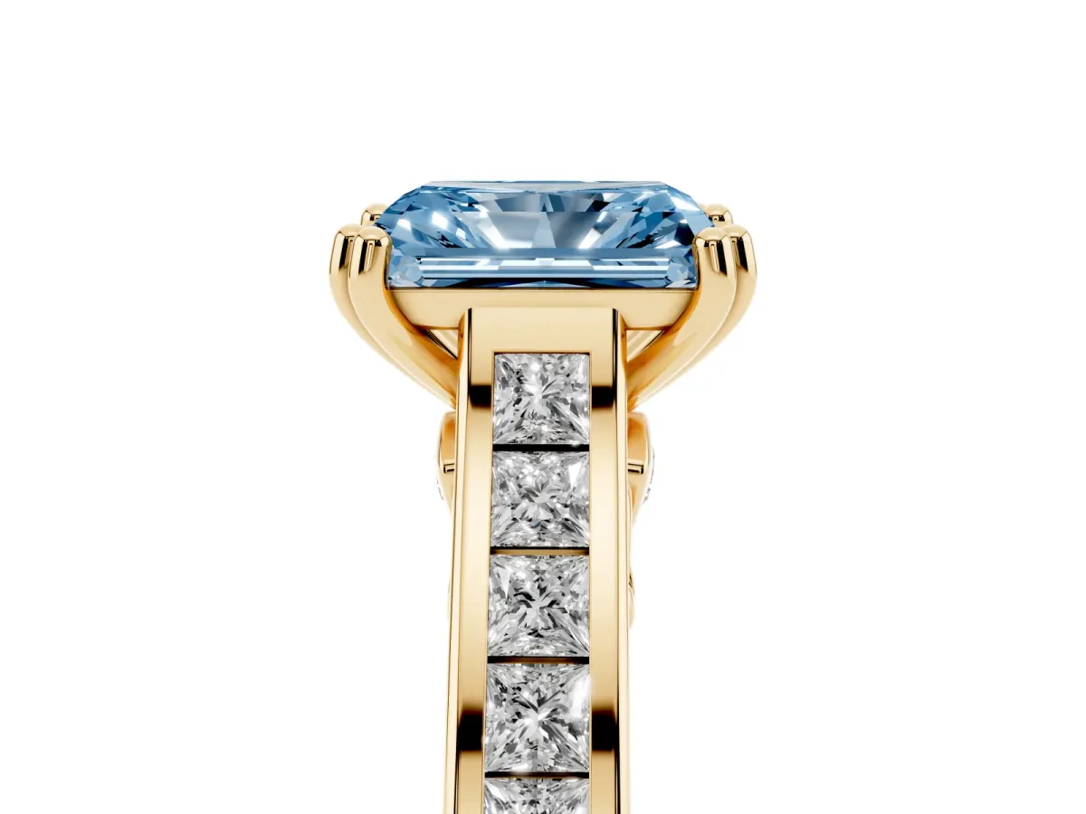 Fancy Blue Radiant Cut Cut Channel Set Solitaire Engagement Ring with Prong Setting Yellow gold