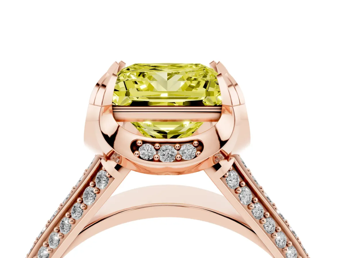 Fancy Yellow Princess Cut Solitaire Pave Split Shank Ring with Four-Prong Setting Rose gold