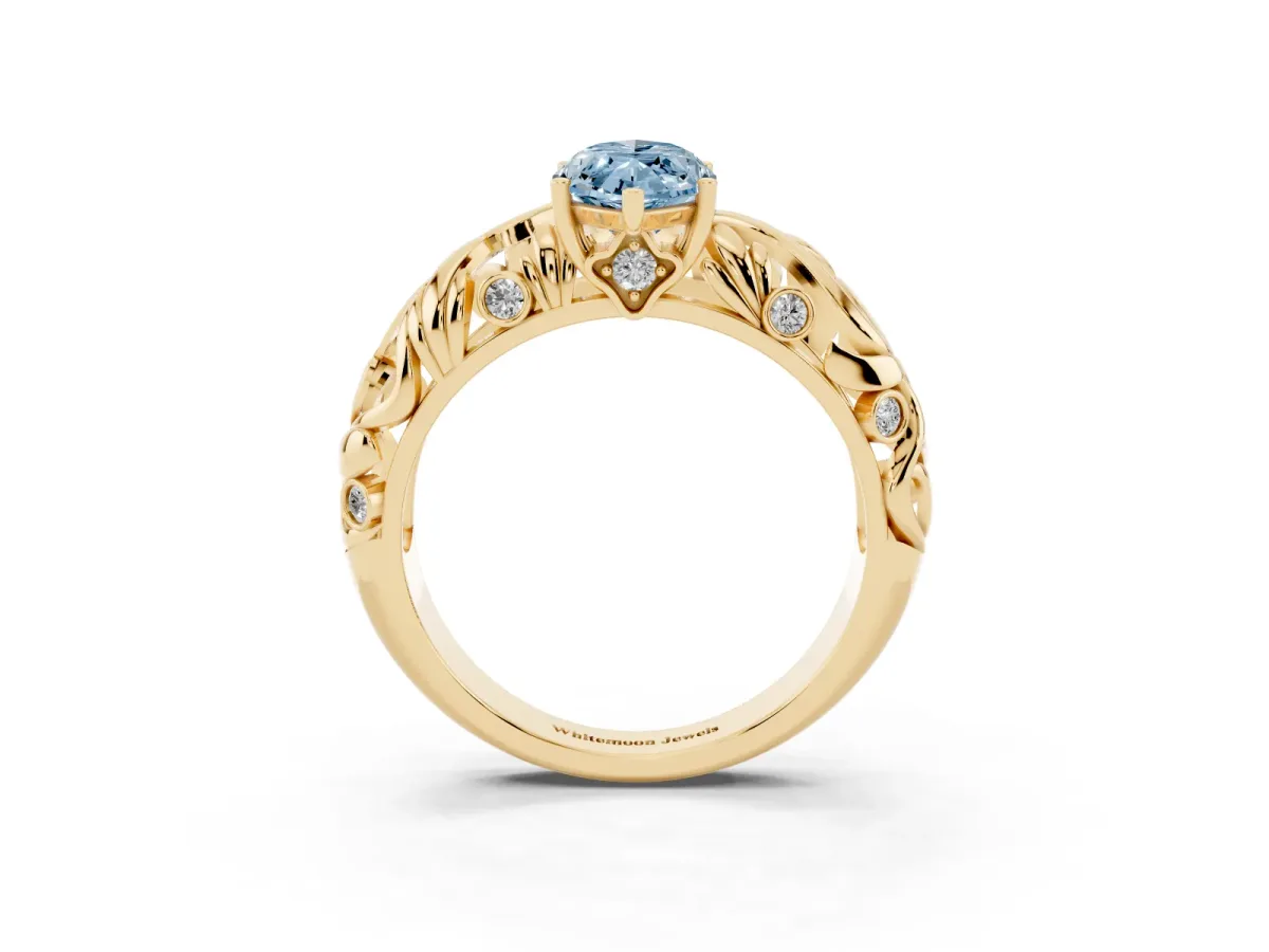 Fancy Blue Marquise Cut Solitaire Diamond Leaf-Inspired Vine Band Ring with Prong Setting Yellow gold