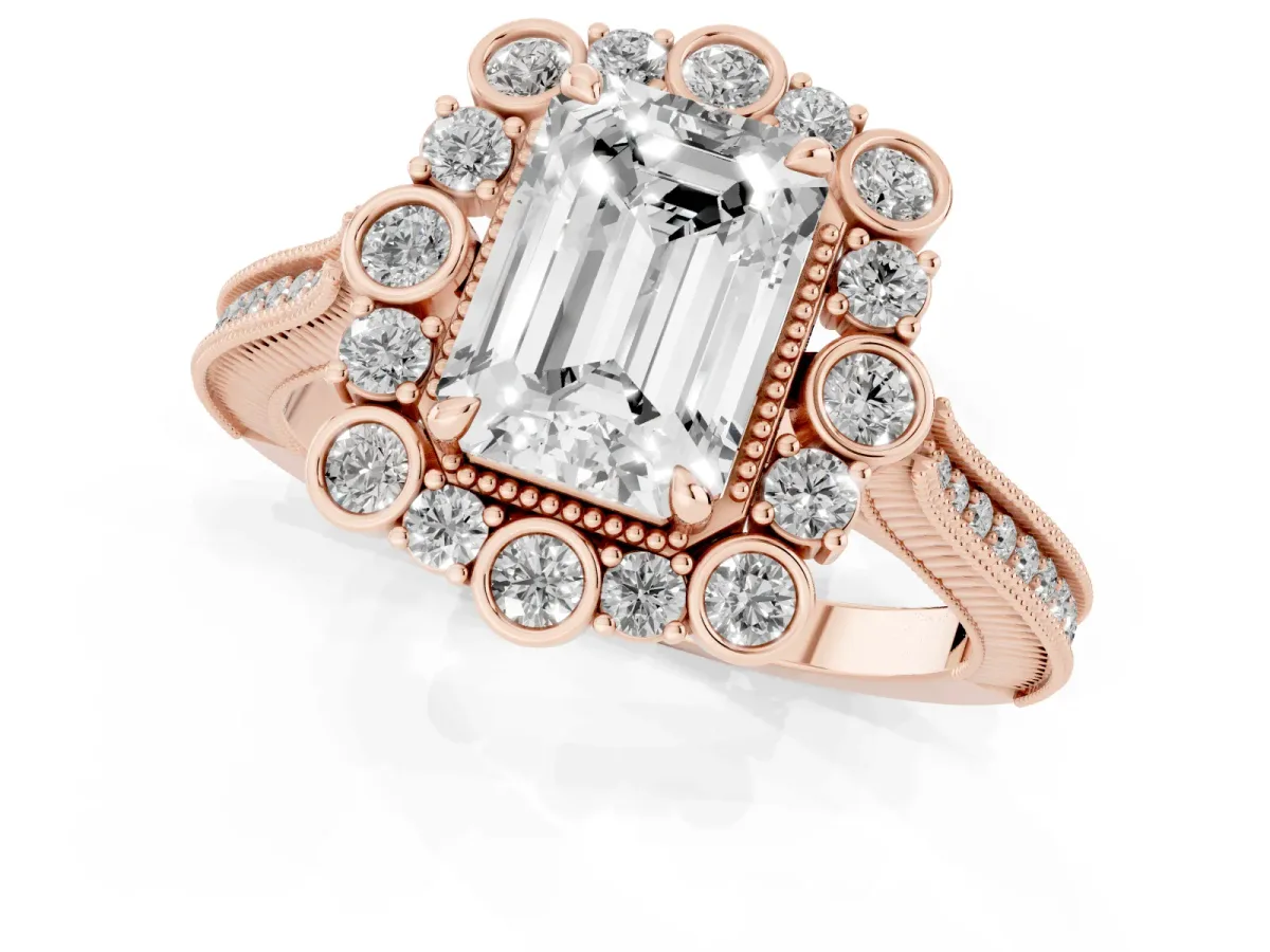 Emerald Cut Halo Milgrain Pave Diamond Ring with Four-Prong Setting Rose gold