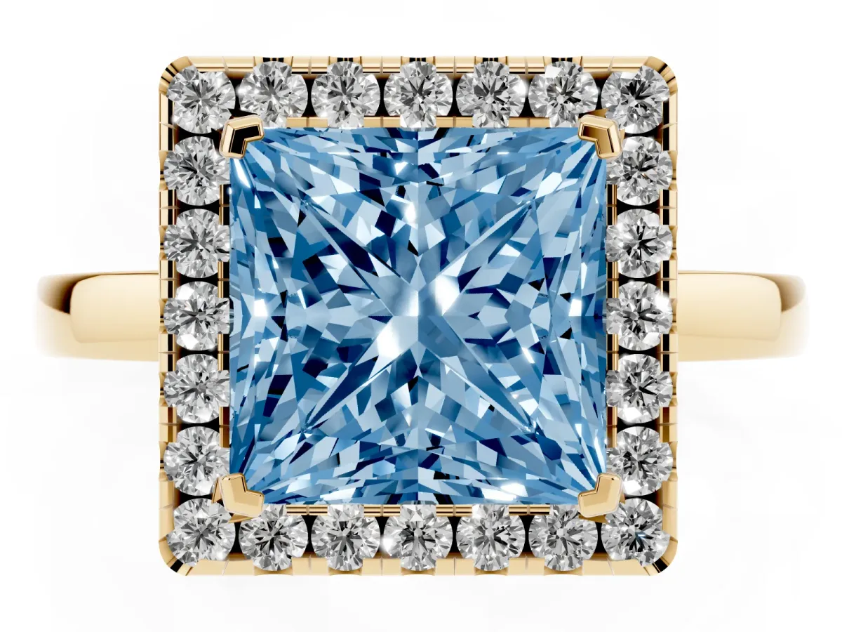 Fancy Blue Princess Cut Halo Diamond Solitaire with Pavé Band and Four-Prong Setting Yellow gold