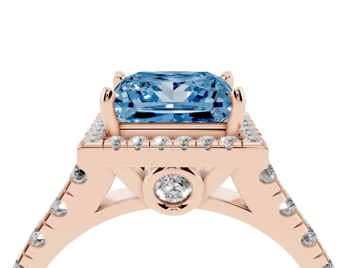 Fancy Blue Princess Cut Halo Pavé Diamond Engagement Ring with Four-Prong Setting Rose gold