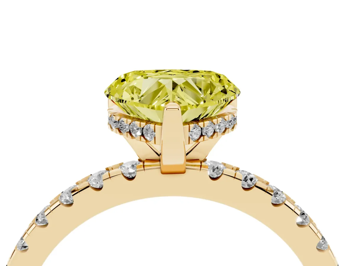 Fancy Yellow Heart Cut Diamond Solitaire Ring with Round Pavé Band and Four-Prong Setting Yellow gold