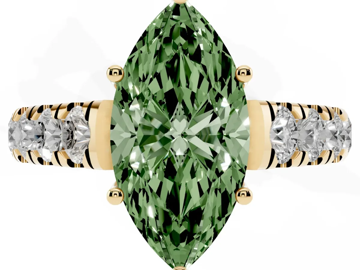 Fancy Green Marquise Cut Cut Diamond Solitaire Ring with Micro Pave Band and Prong Setting Yellow gold