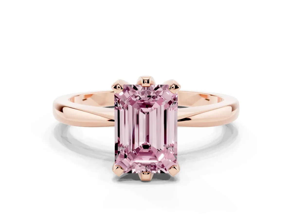 Fancy Pink Emerald Cut Solitaire Engagement Ring with Six-Prong Setting and Tapered Band Rose gold