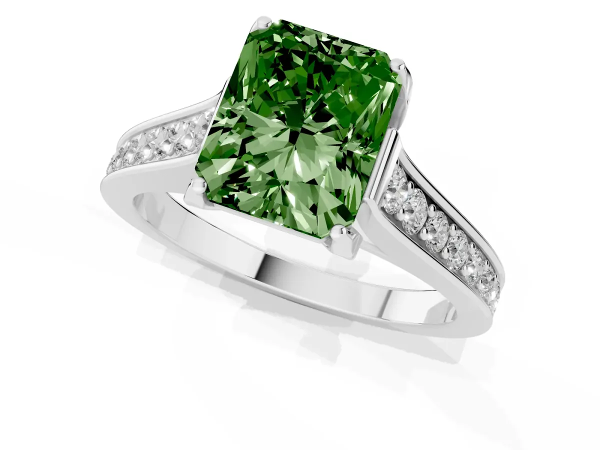 Fancy Green Radiant Cut Brilliant Cut Diamond Engagement Ring with Pavé Band and Four-Prong Setting Platinum