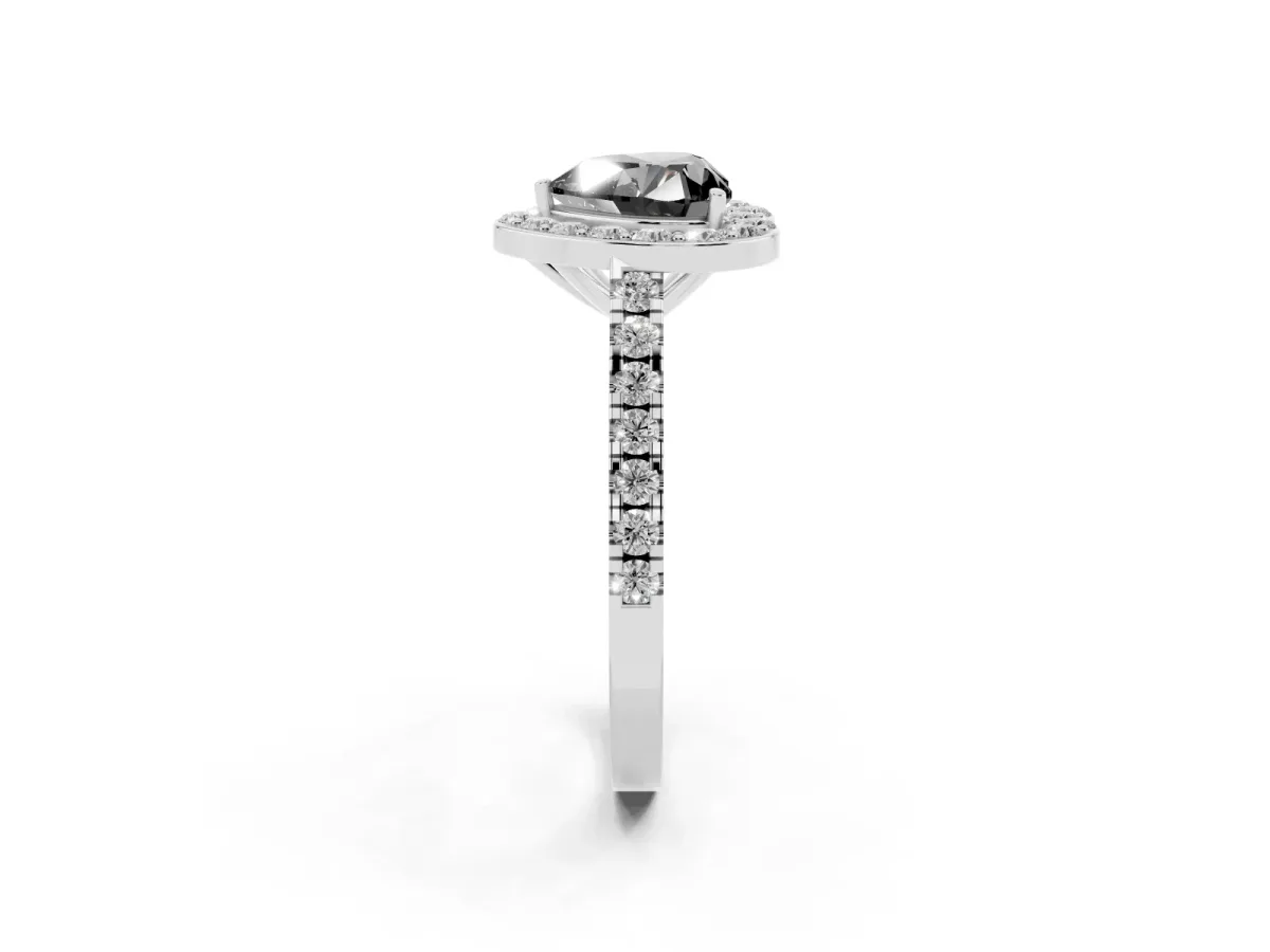 Fancy Black Heart Cut Diamond Halo Ring with Round Pavé Split Shank and Prong Setting Silver