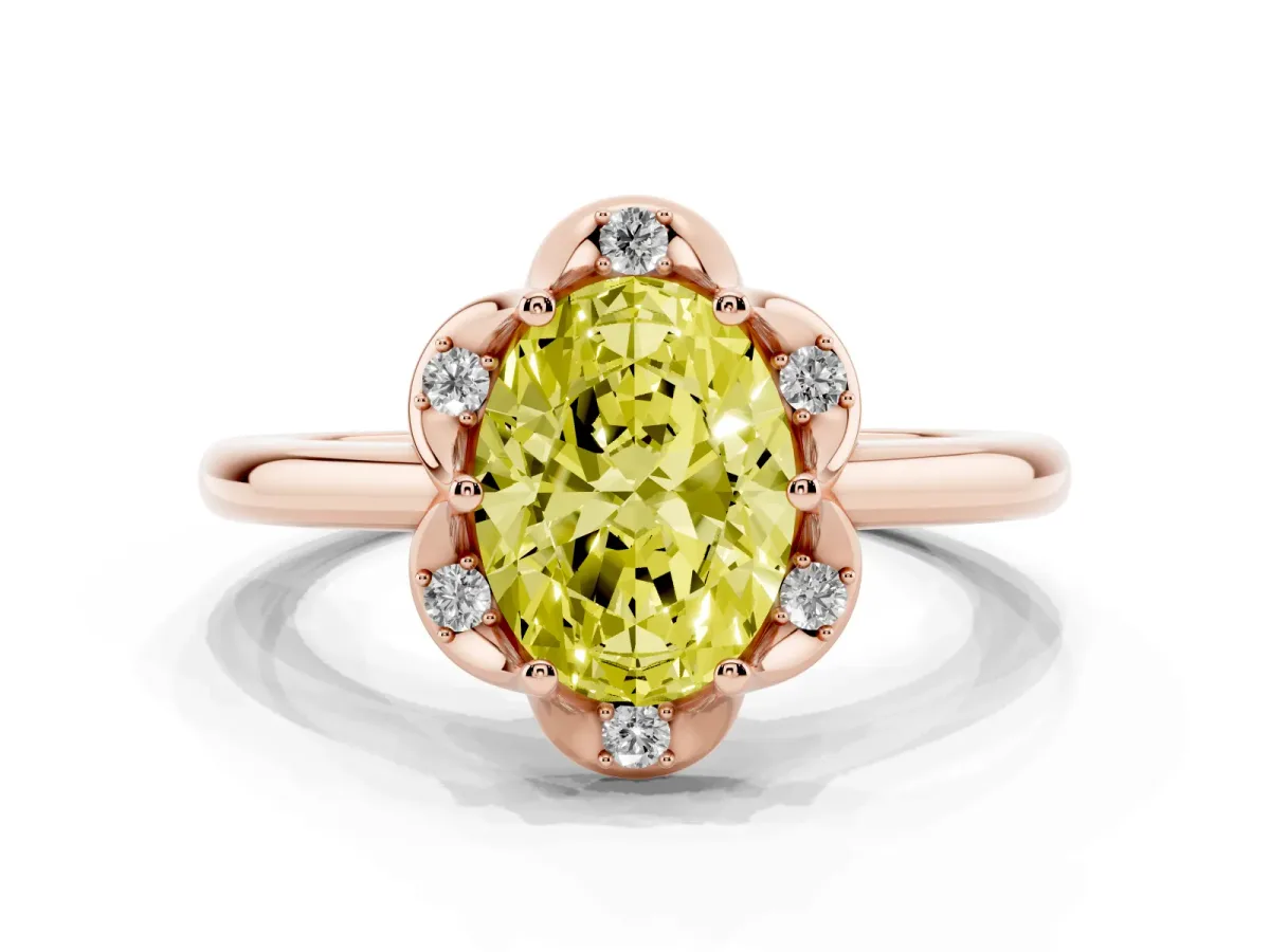Fancy Yellow Oval Cut Halo Diamond Ring with Round Cluster Setting, Solitaire Band, and Four-Prong Setting Rose gold