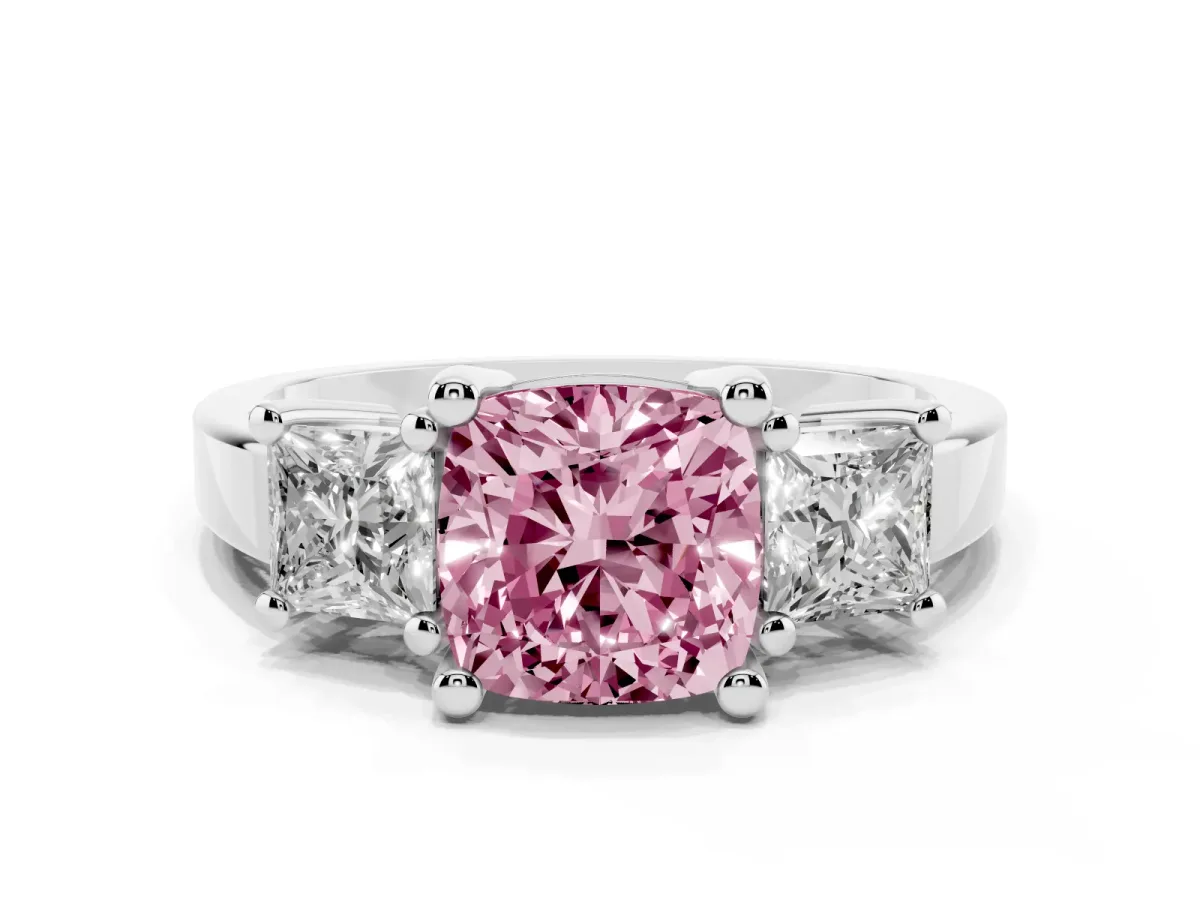 Fancy Pink Three-Stone Cushion Cut Cut Solitaire Ring with Prong Setting Silver