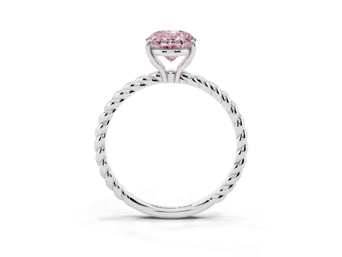 Fancy Pink Oval Cut Solitaire Twist Band Ring with Four-Prong Setting White gold