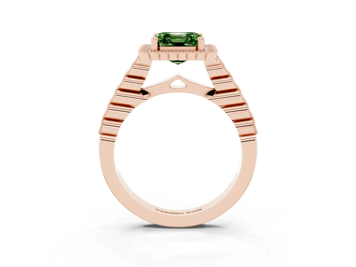 Fancy Green Asscher Cut Cut Halo Pavé Solitaire Ring with Milgrain Band Rose gold