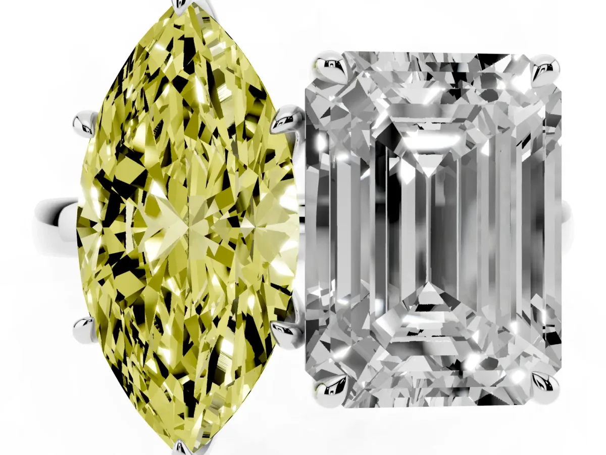Fancy Yellow Marquise Cut and Emerald Cut Toi Moi Ring with Prong Setting Silver