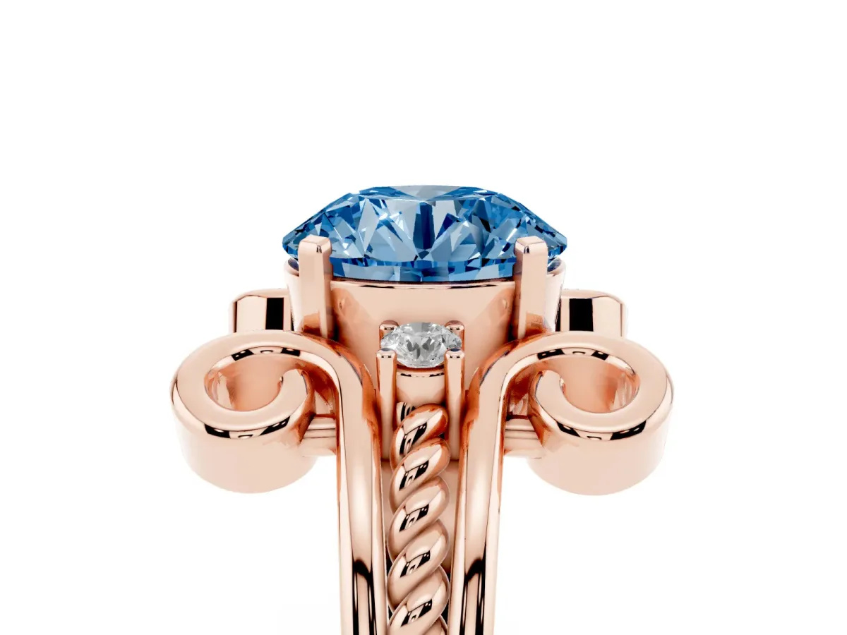 Fancy Blue Round Cut Solitaire Twisted Band Scroll Prong Ring Rose gold