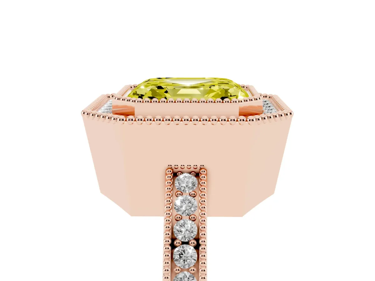 Fancy Yellow Asscher Cut Cut Halo Diamond Ring with Pavé Band and Milgrain Prong Setting Rose gold