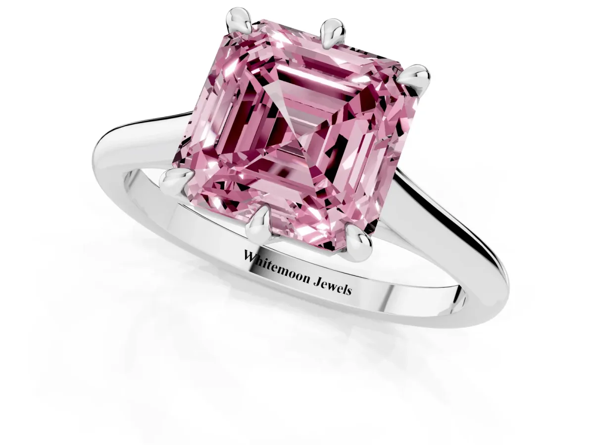 Fancy Pink Asscher Cut Solitaire Engagement Ring with Six-Prong Setting and Classic Band Platinum