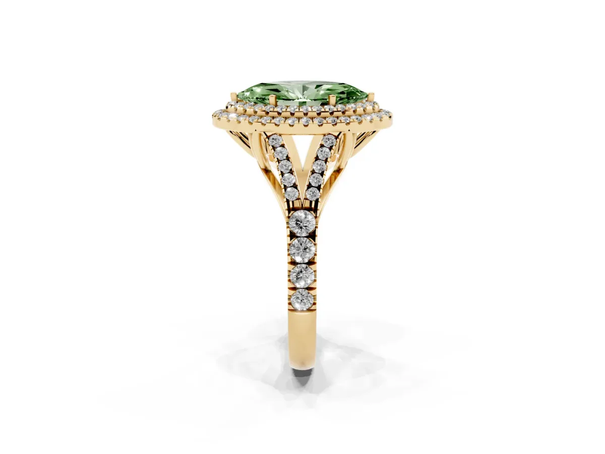 Fancy Green Marquise Cut Diamond Pavé Split Shank Double Halo Engagement Ring Yellow gold