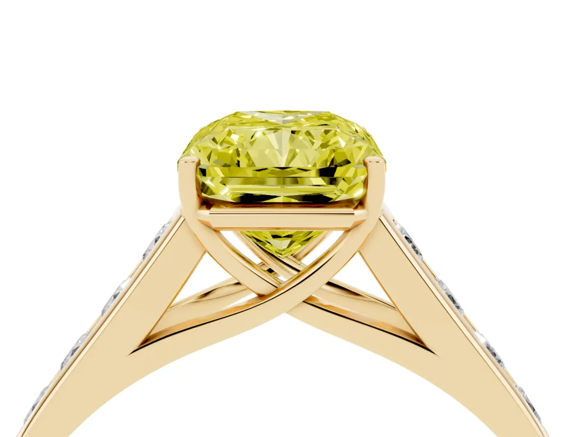 Fancy Yellow Radiant Cut Solitaire Channel-Set Diamond Engagement Ring with Four-Prong Setting Yellow gold