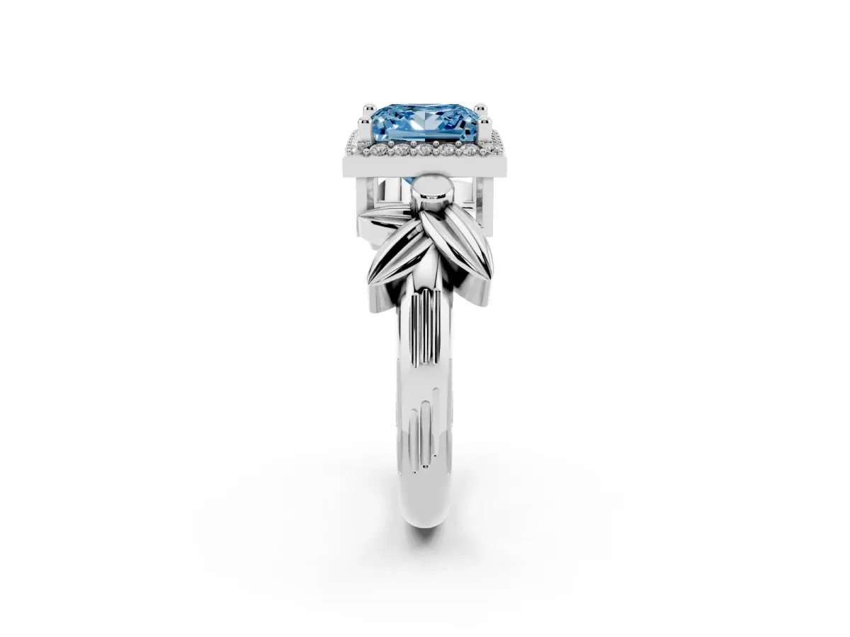 Fancy Blue Princess Cut Halo Diamond Floral Band with Four-Prong Setting Platinum