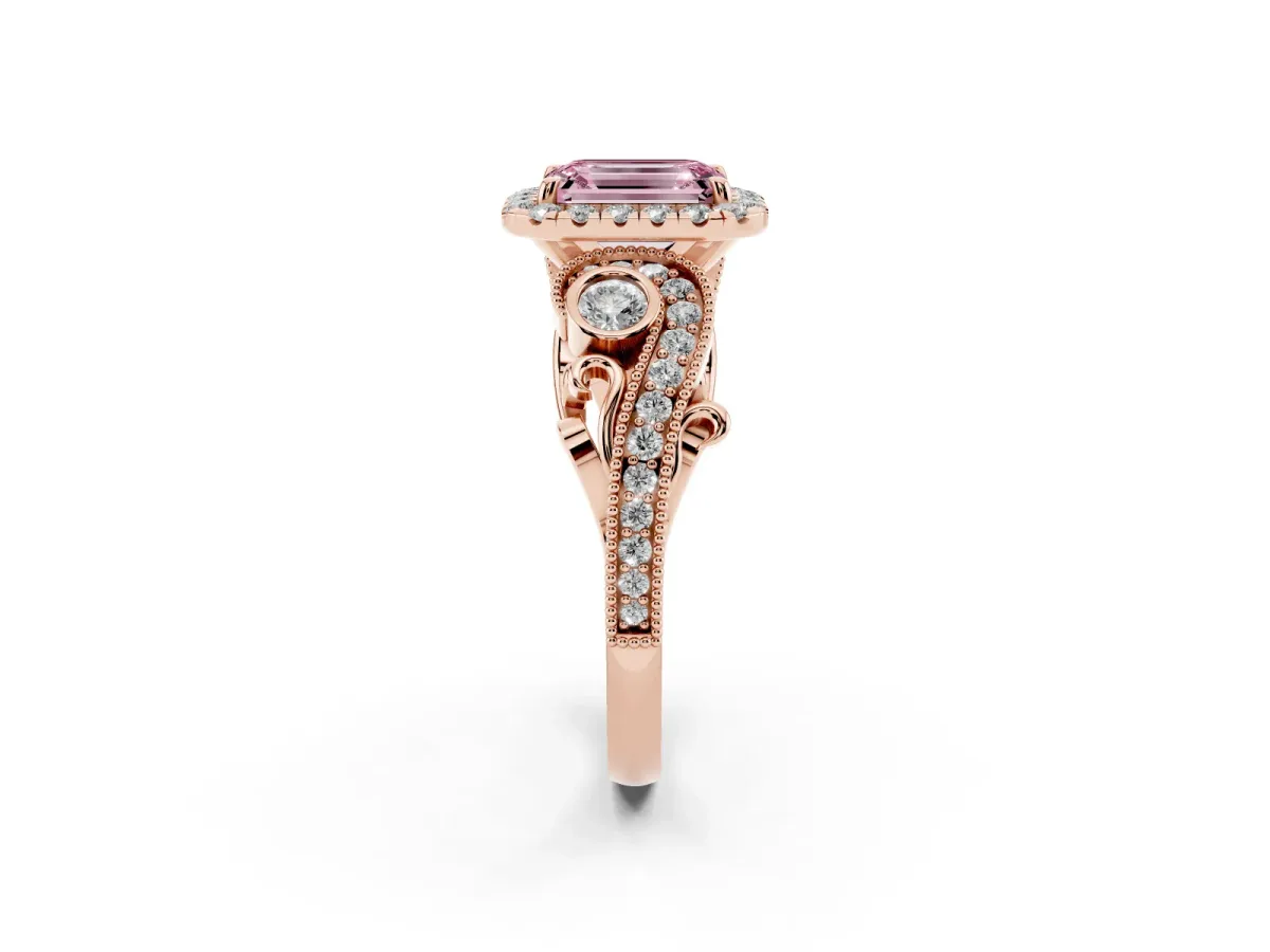 Fancy Pink Emerald Cut Halo Diamond Ring with Milgrain and Bezel Accents on a Split Shank Band Rose gold