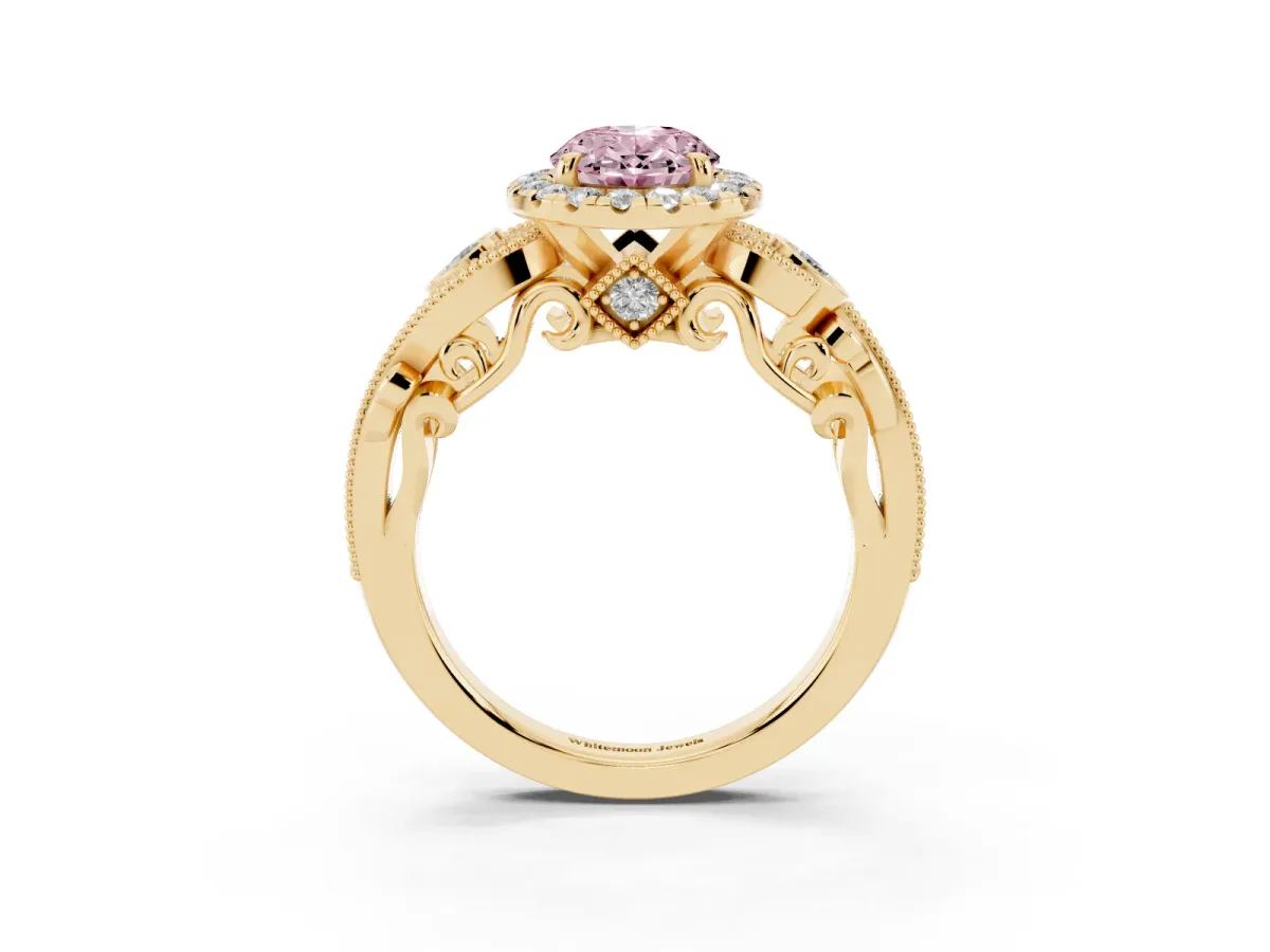 Fancy Pink Oval Cut Halo Diamond Ring with Milgrain and Bezel Accents on a Split Shank Band Yellow gold