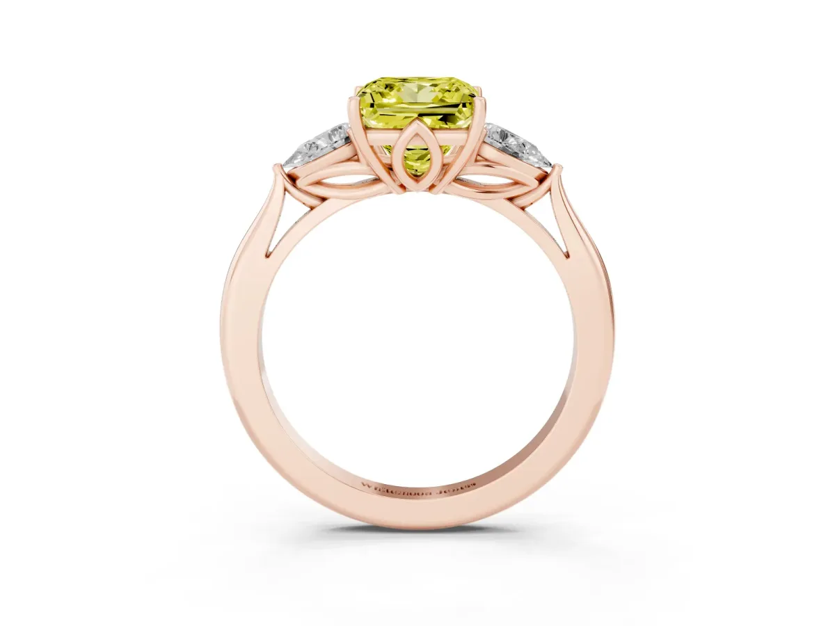 Fancy Yellow Princess Cut Diamond Three-Stone Ring with Pear Side Stones and Prong Setting Rose gold