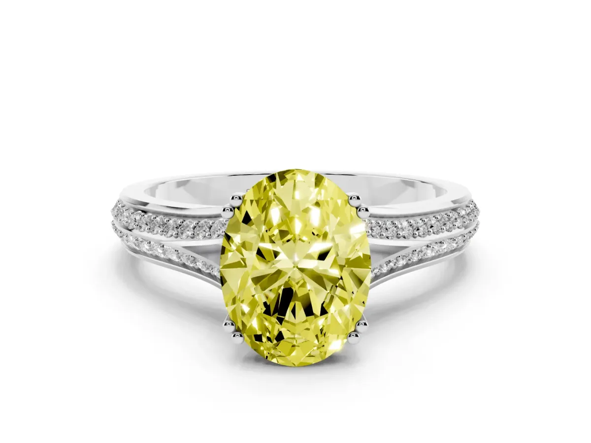 Fancy Yellow Oval Cut Diamond Split Shank Engagement Ring with Pavé Band Silver