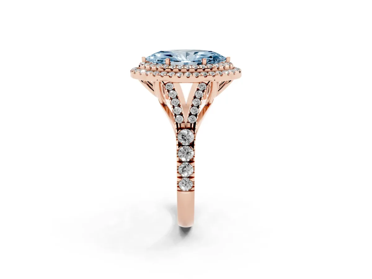 Fancy Blue Double Halo Marquise Cut Diamond Split Shank Engagement Ring with Four-Prong Setting Rose gold