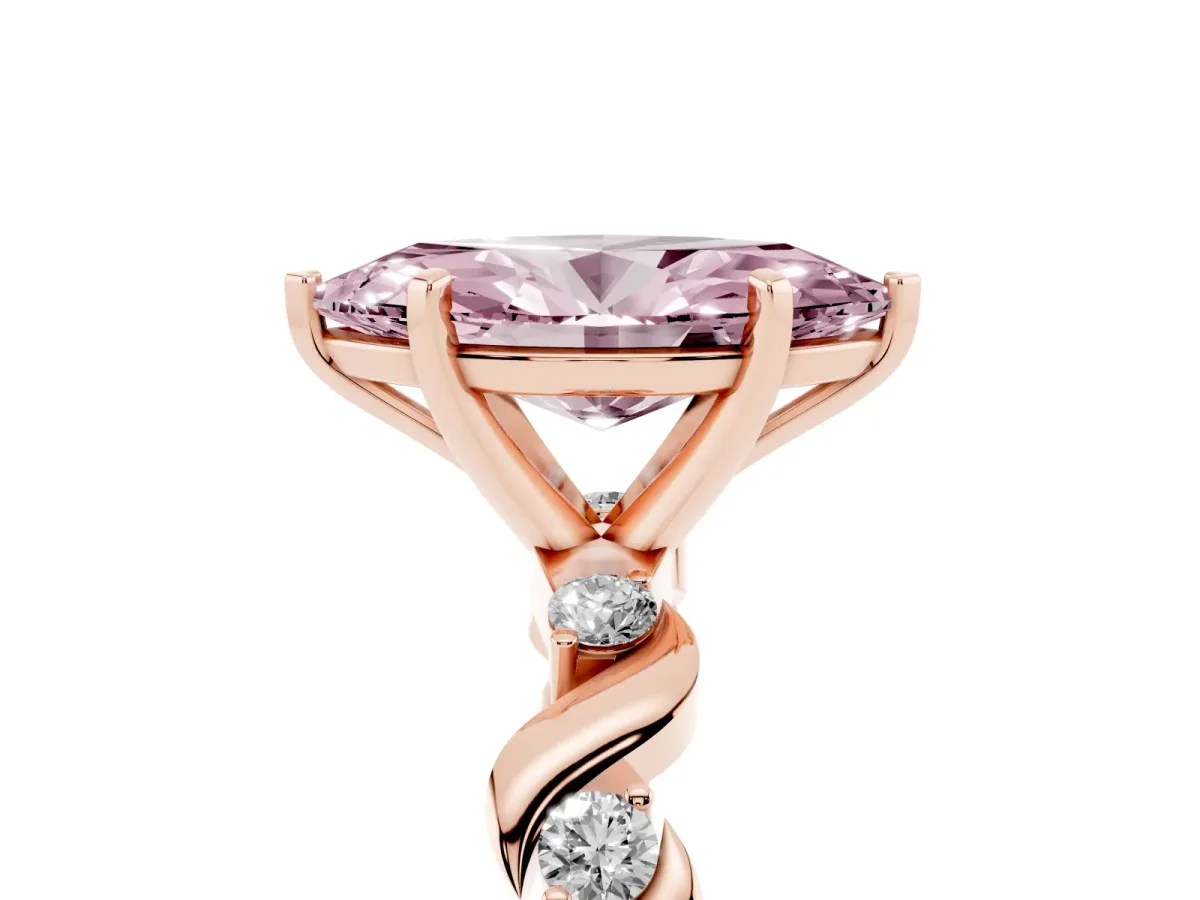 Fancy Pink Marquise Cut Diamond Solitaire Twisted Band with Round Accents and Prong Setting Rose gold