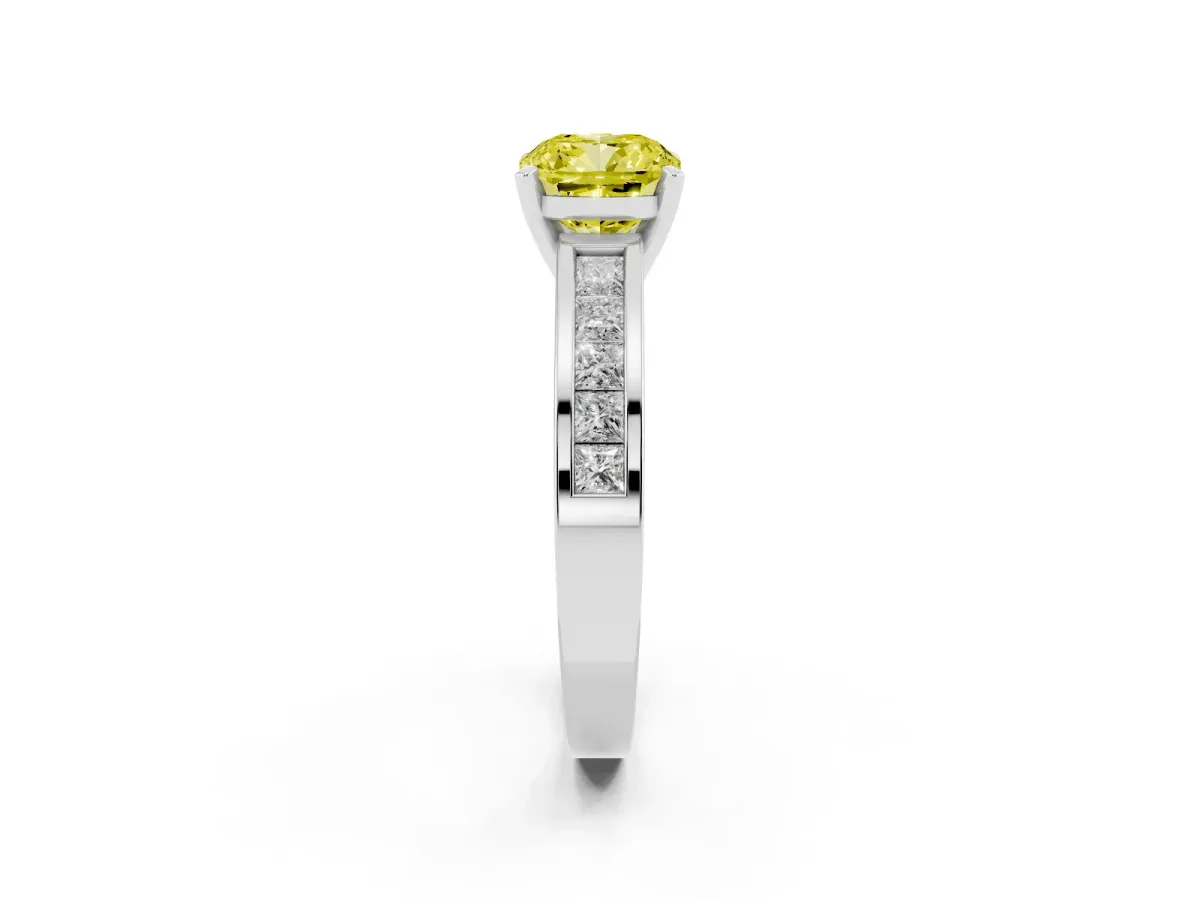 Fancy Yellow Cushion Cut Solitaire Diamond Ring with Channel-Set Band and Four-Prong Setting White gold
