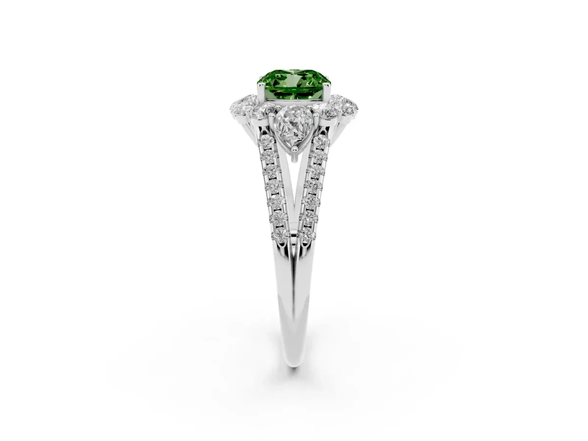 Fancy Green Cushion Cut Halo Split Shank Diamond Engagement Ring with Prong Setting Silver