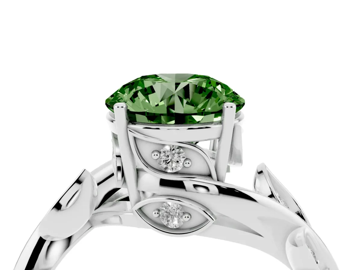 Fancy Green Round Cut Solitaire Twist Engagement Ring with Leaf Accents and Prong Setting Silver