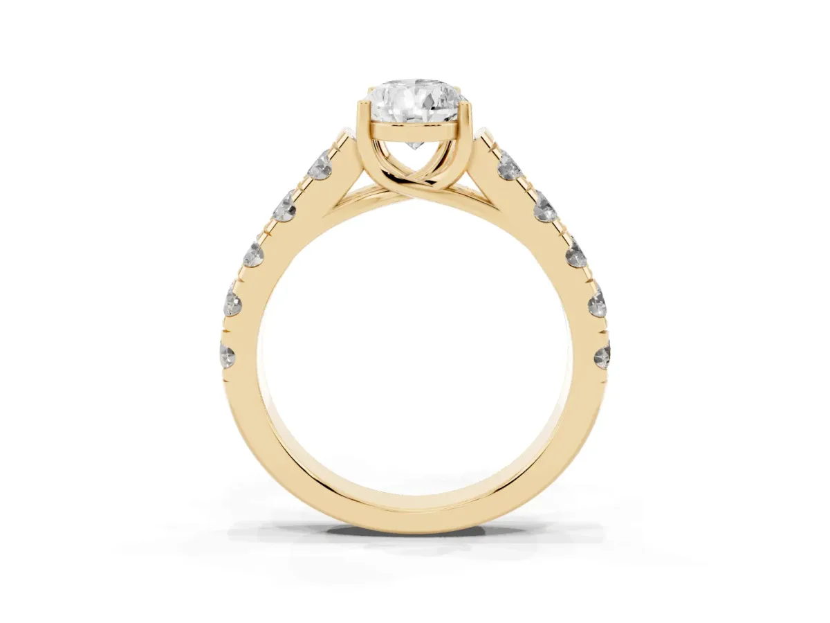Pear Cut Cut Diamond Solitaire Ring with Micro Pave Band and Prong Setting Yellow gold