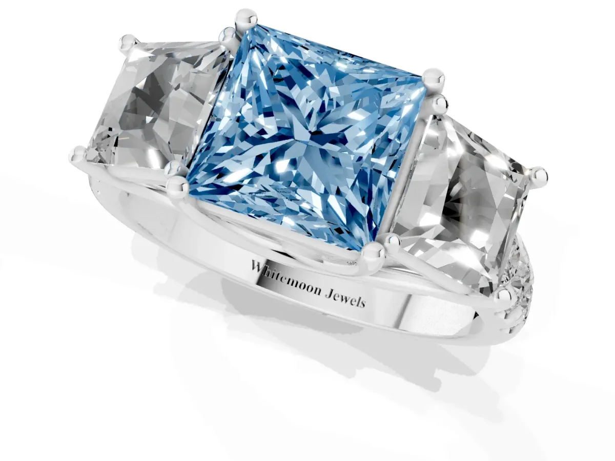 Fancy Blue Three-Stone Princess Cut Diamond Pavé Band with Prong Setting Silver