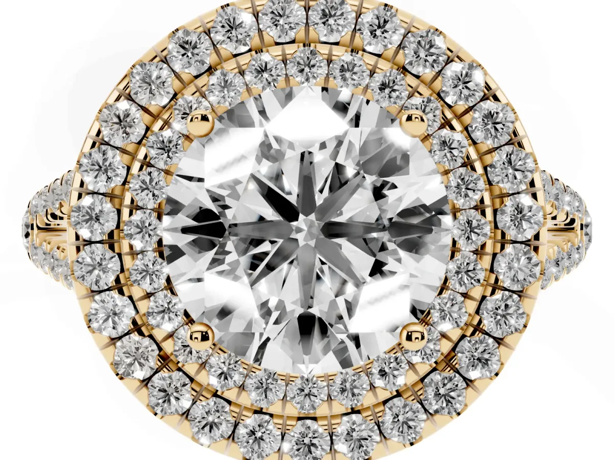 Round Cut Diamond Double Halo Ring with Pavé Band and Prong Setting Yellow gold