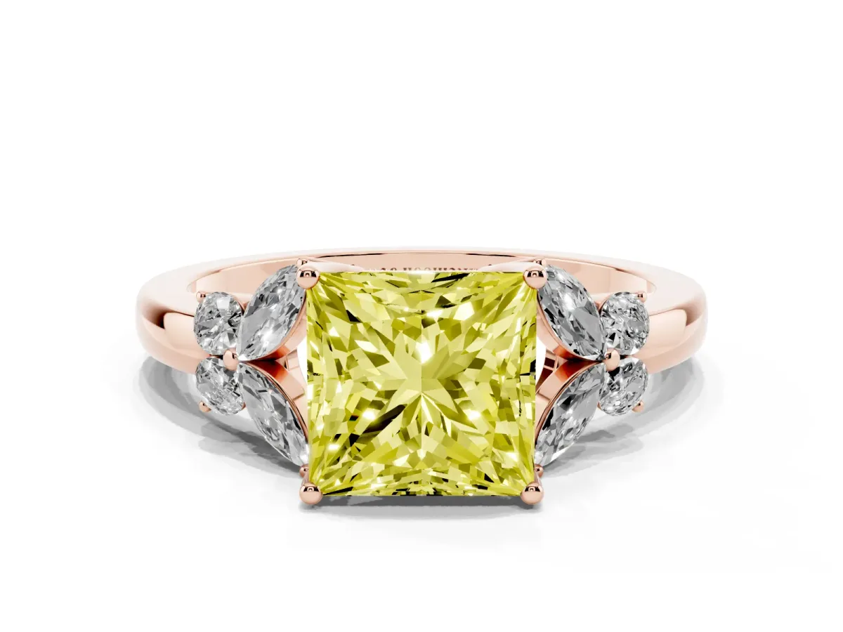Fancy Yellow Princess Cut Cut Solitaire Floral Diamond Ring with Four-Prong Setting Rose gold