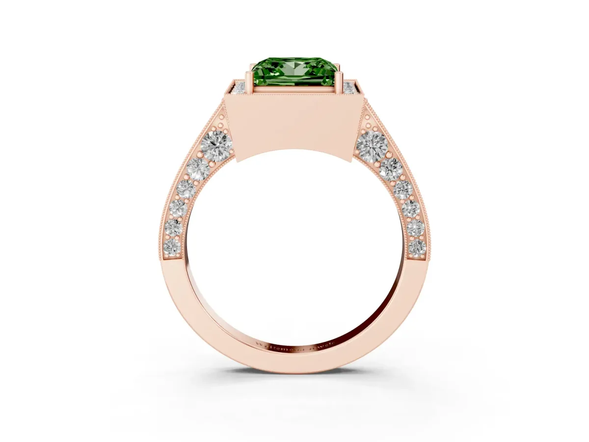 Fancy Green Princess Cut Halo Diamond Engagement Ring with Split Shank Band and Four-Prong Setting Rose gold